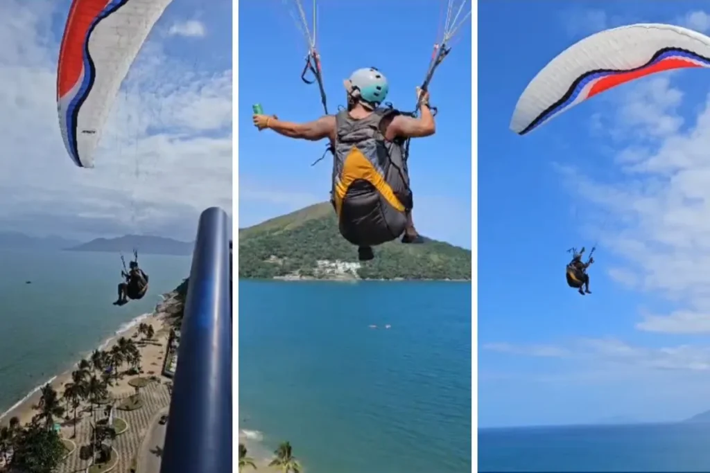 Piloto de parapente surpreende ao pegar cerveja em cobertura de prédio em Caraguatatuba, Litoral de SP