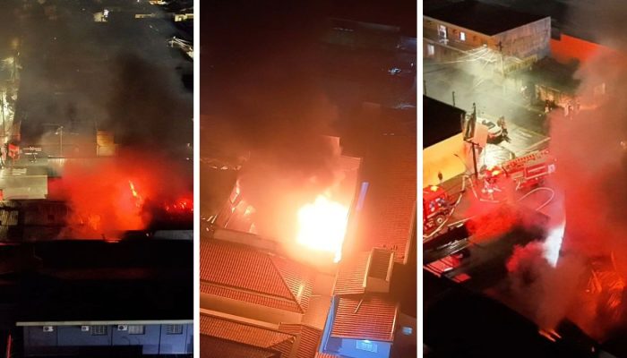 cerca de 5 horas Um incêndio de grandes proporções destruiu um barracão de uma e